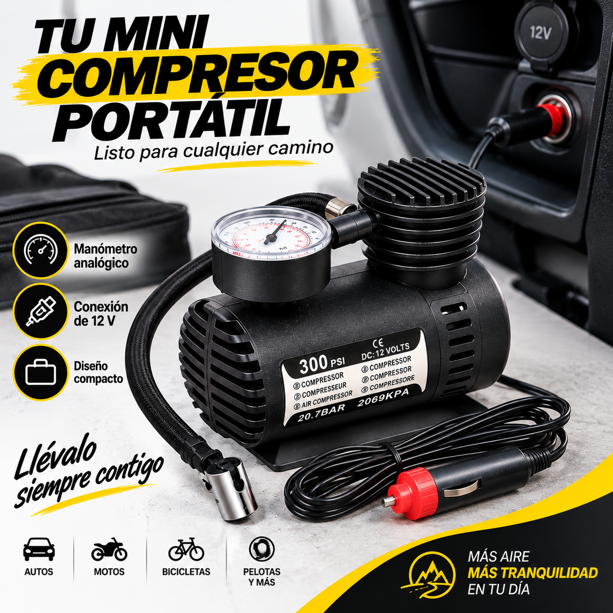 <strong>🚗 Mini Compresor de Aire Portátil 12V</strong><br><br>💨 Infla y revisa tus llantas<br><br>🔌 Conexión 12V para vehículo<br><br>📏 Manómetro integrado<br><br>🚚 Envío GRATIS<br><br>💵 Paga al recibir