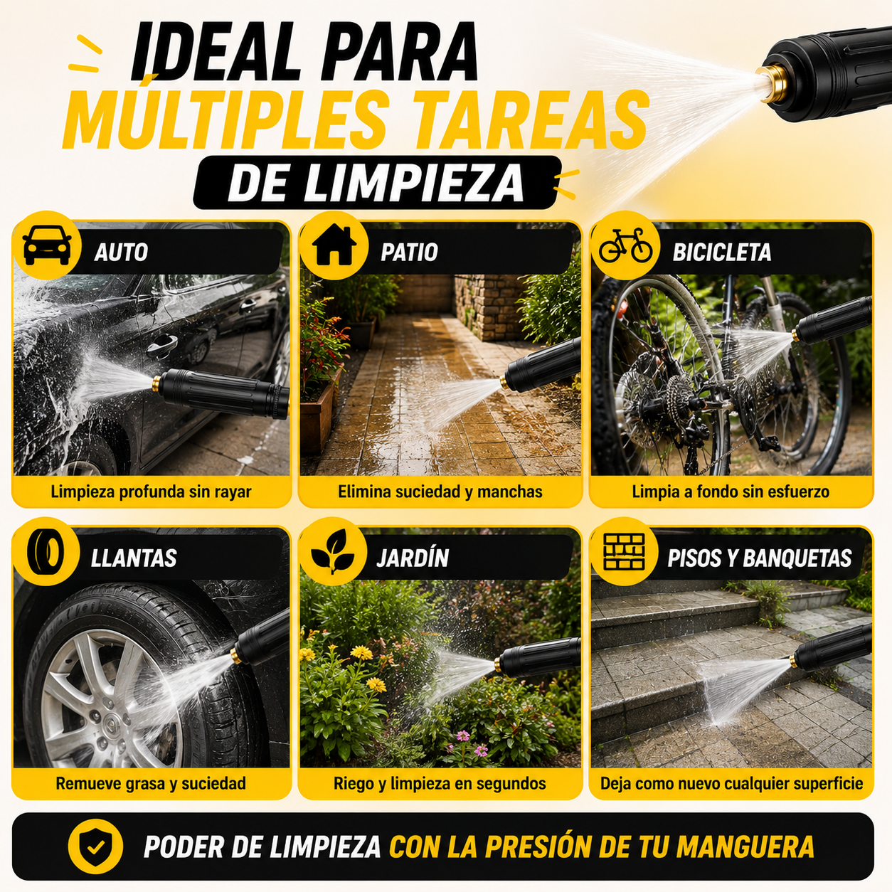 💦 <strong>Boquilla de Alta Presión</strong><br><br> 🚿 Limpieza rápida con chorro ajustable.<br><br> 🏡 Ideal para patio, cochera, auto y pisos.<br><br> 💳 Paga hasta recibir tu pedido.