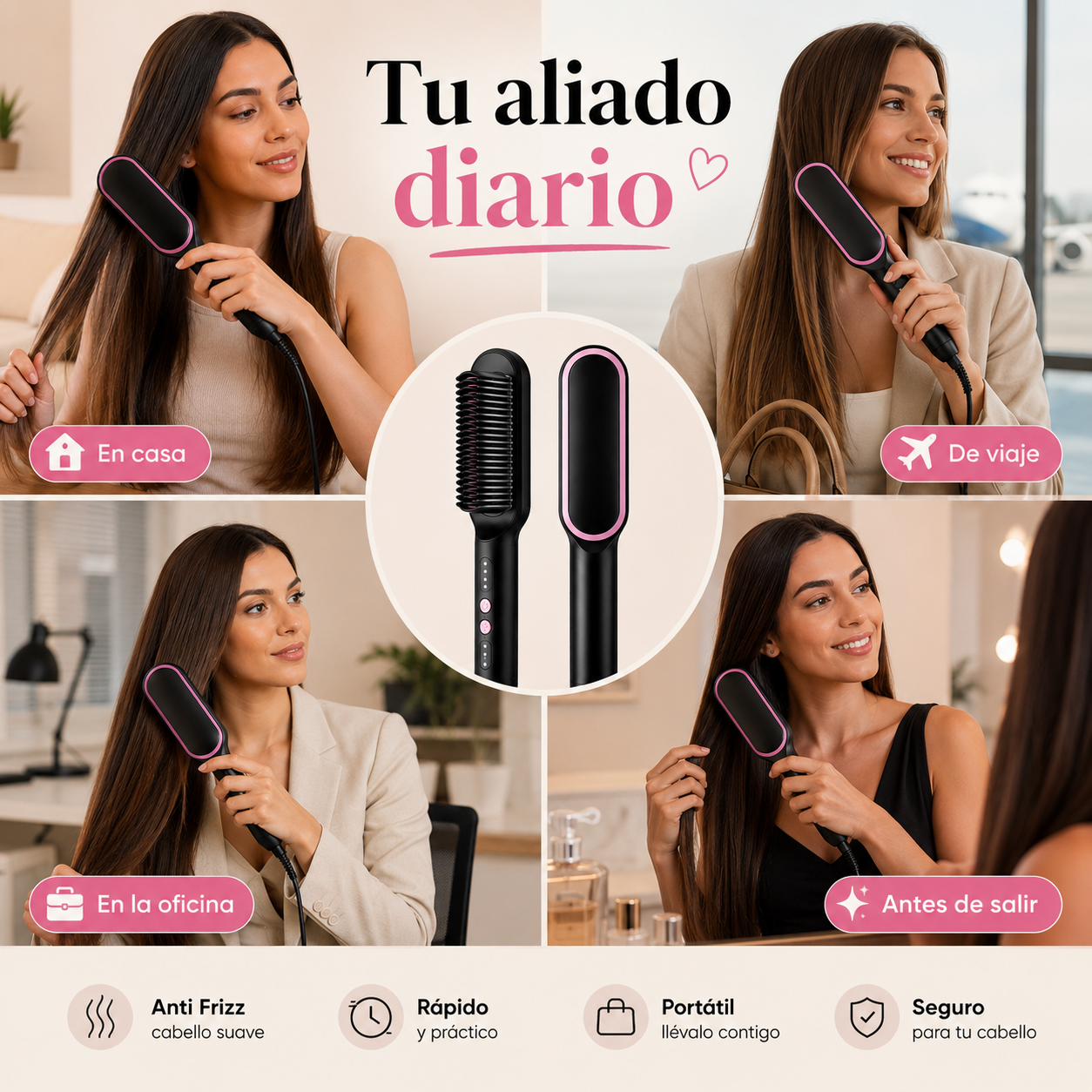 <b>Cepillo Anti Frizz</b><br> ✨ Cabello liso<br> 🔥 Rápido y práctico<br> 💖 Uso diario