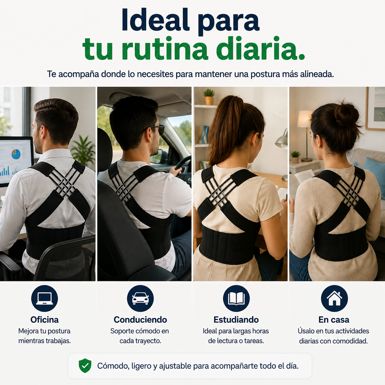 <p>💪 Mejora tu postura cada día</p> <p>✅ Cómodo, ligero y ajustable</p> <p>👕 Discreto debajo de la ropa</p> <p>💻 Ideal para trabajo y estudio</p> <p>🚚 Pago contra entrega</p> <p>🔥 Oferta limitada</p>