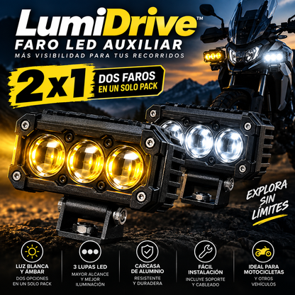 <strong>LumiDrive™ — Pack 2 Faros LED Auxiliares</strong><br><br>💡 3 Lupas LED<br><br>⚪ Luz Blanca + 🟡 Luz Ámbar<br><br>🏍️ Iluminación auxiliar<br><br>🚚 Envío GRATIS<br><br>💵 Paga al recibir
