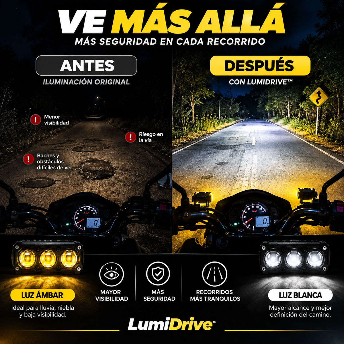 <strong>LumiDrive™ — Pack 2 Faros LED Auxiliares</strong><br><br>💡 3 Lupas LED<br><br>⚪ Luz Blanca + 🟡 Luz Ámbar<br><br>🏍️ Iluminación auxiliar<br><br>🚚 Envío GRATIS<br><br>💵 Paga al recibir