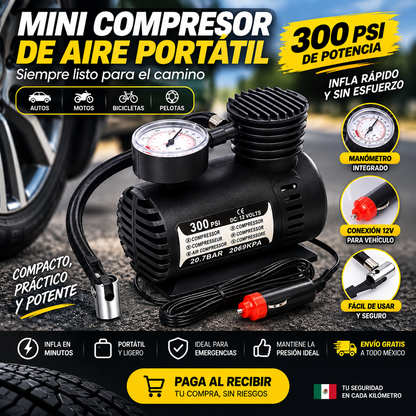 <strong>🚗 Mini Compresor de Aire Portátil 12V</strong><br><br>💨 Infla y revisa tus llantas<br><br>🔌 Conexión 12V para vehículo<br><br>📏 Manómetro integrado<br><br>🚚 Envío GRATIS<br><br>💵 Paga al recibir