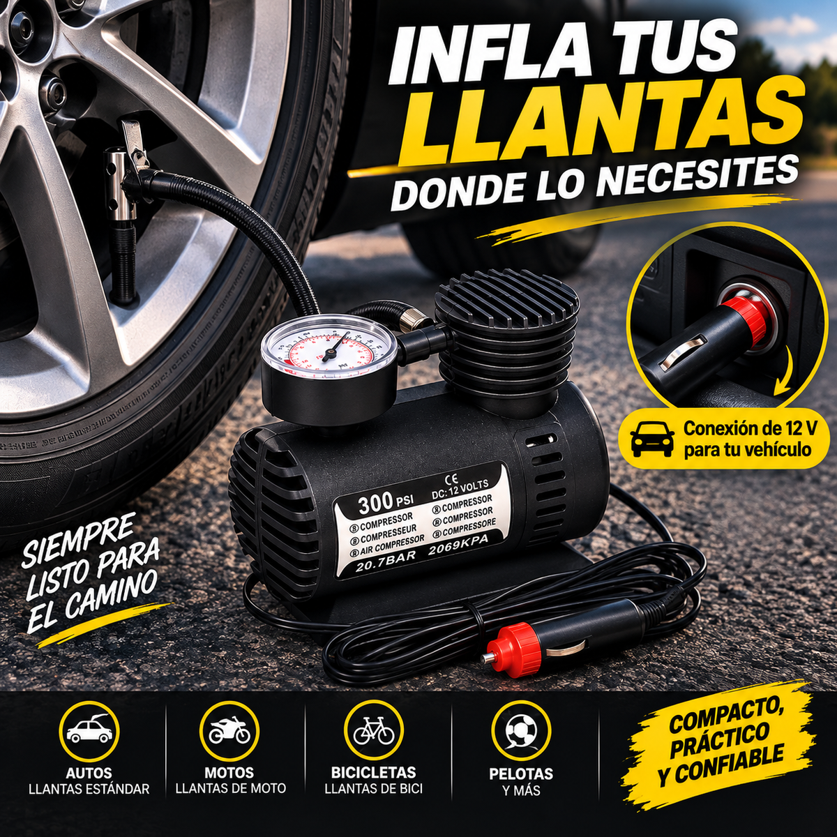 <strong>🚗 Mini Compresor de Aire Portátil 12V</strong><br><br>💨 Infla y revisa tus llantas<br><br>🔌 Conexión 12V para vehículo<br><br>📏 Manómetro integrado<br><br>🚚 Envío GRATIS<br><br>💵 Paga al recibir