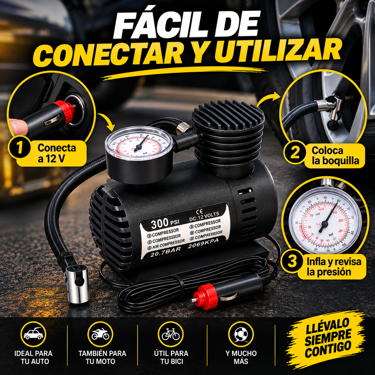 <strong>🚗 Mini Compresor de Aire Portátil 12V</strong><br><br>💨 Infla y revisa tus llantas<br><br>🔌 Conexión 12V para vehículo<br><br>📏 Manómetro integrado<br><br>🚚 Envío GRATIS<br><br>💵 Paga al recibir