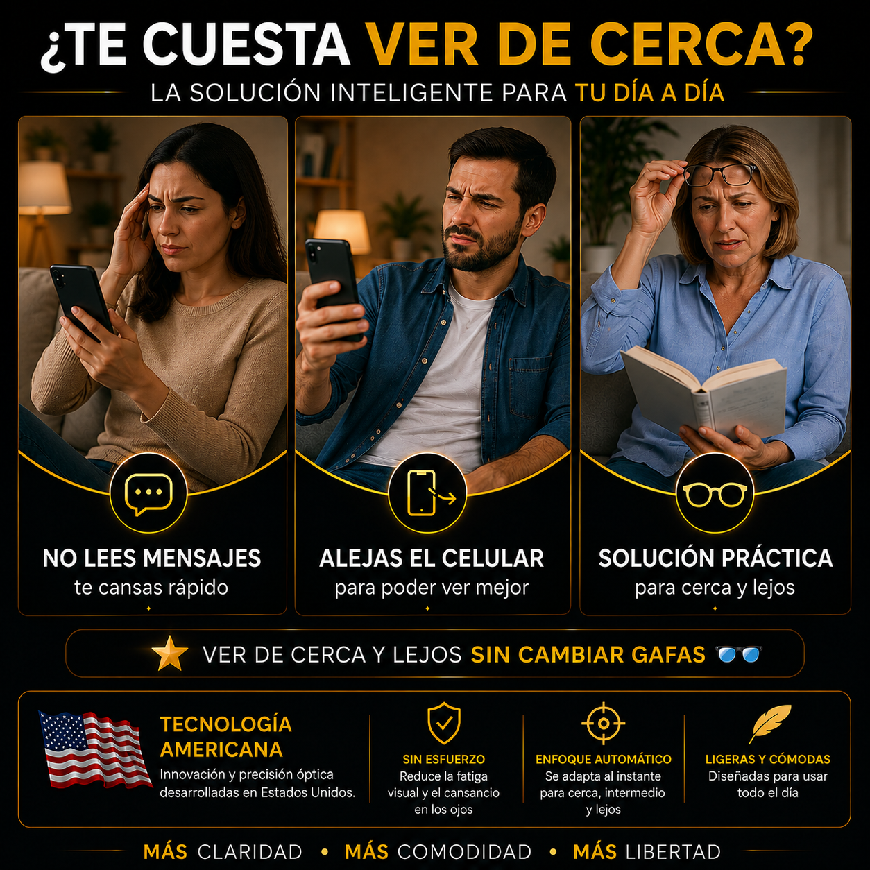 <p>🔥 <b>PROMOCIÓN LIMITADA</b></p> <p>🎁 <b>Compra 1 y llévate 2 pares</b></p> <p>👓 Enfoque automático</p> <p>📱 Celular, lectura, PC y TV</p> <p>✅ +0.50 a +2.50</p> <p>🚚 Pago contra entrega</p>