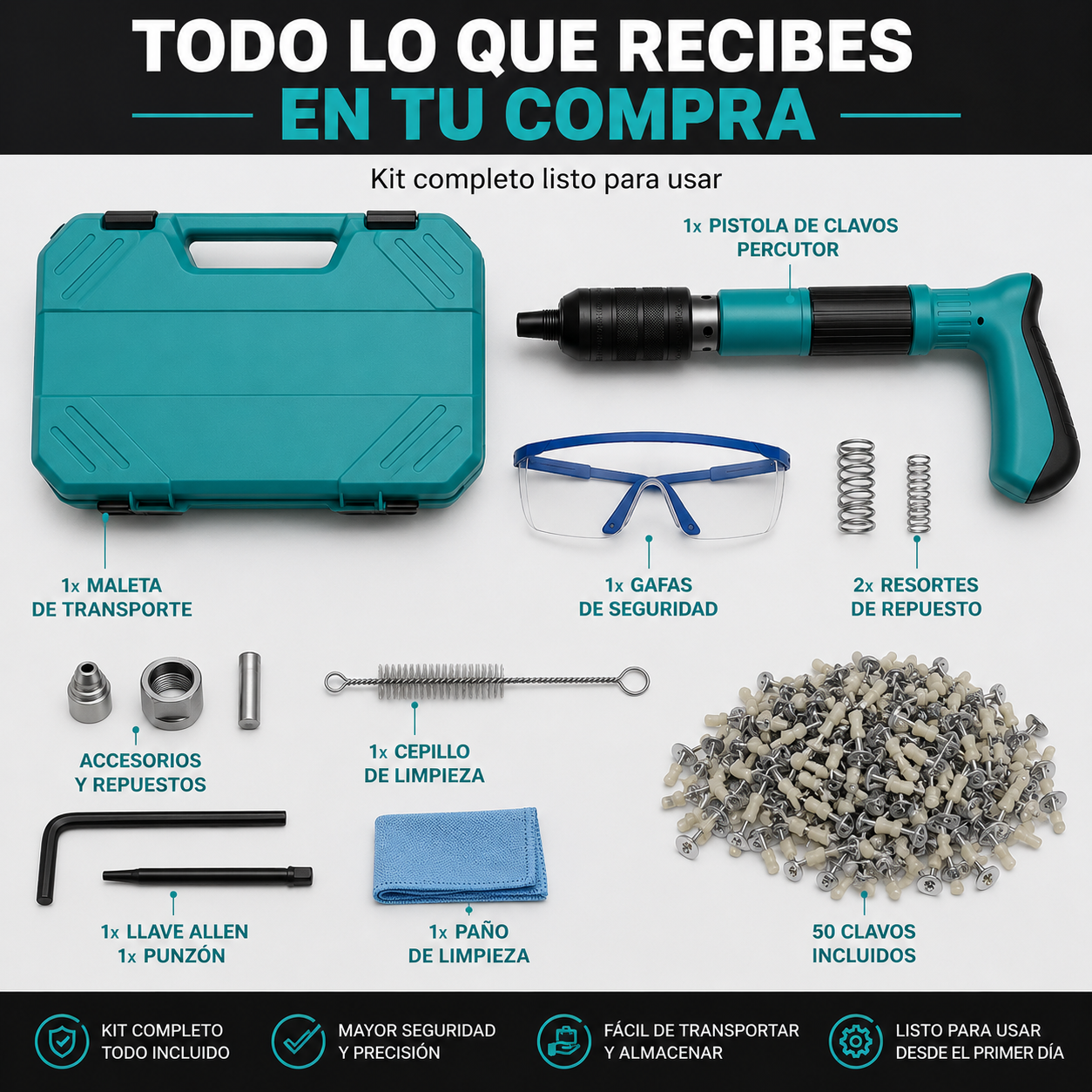 Pistola Remachadora de Clavos + Estuche con Guantes+Gafas Protectoras+Clavos Regalo 🎁