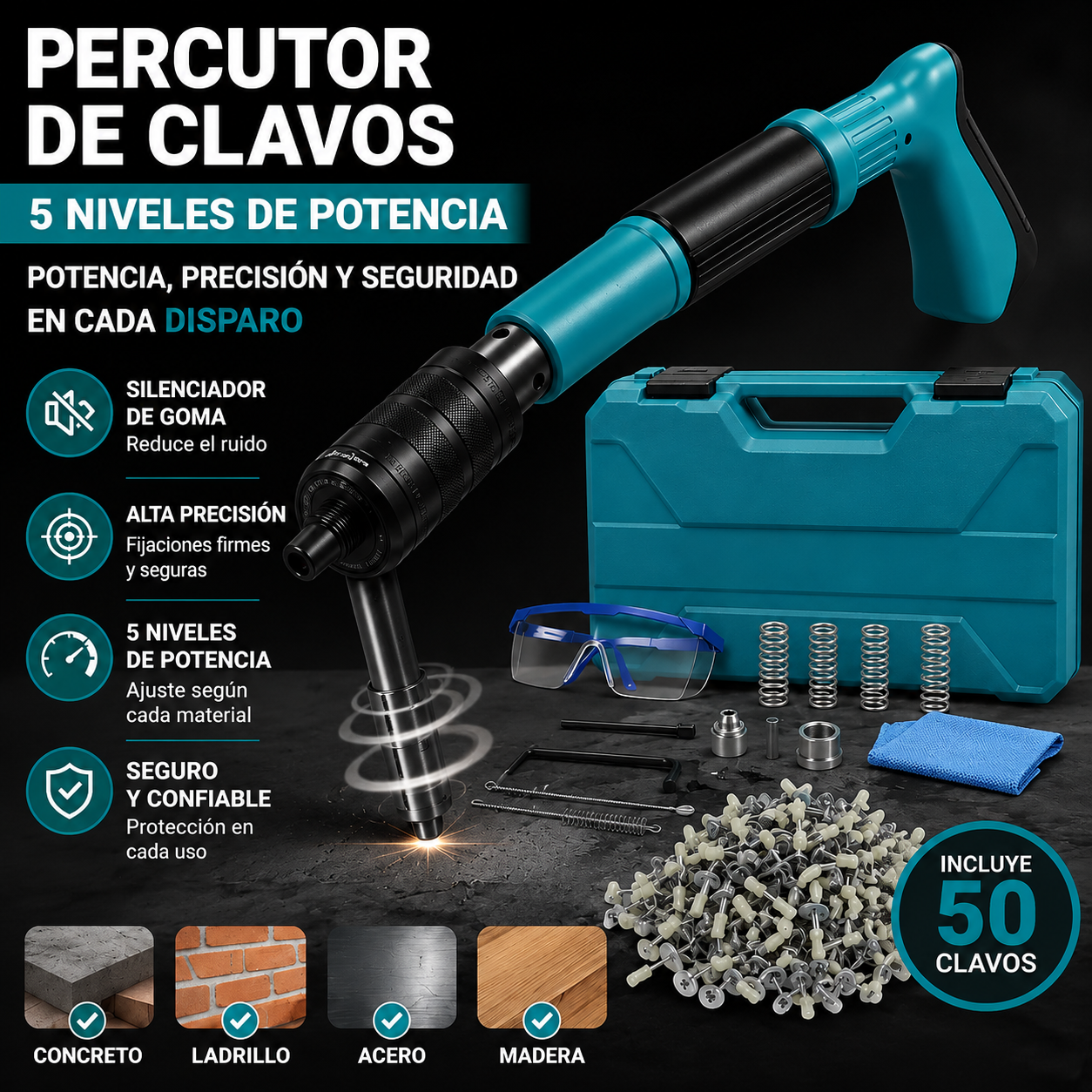 Pistola Remachadora de Clavos + Estuche con Guantes+Gafas Protectoras+Clavos Regalo 🎁