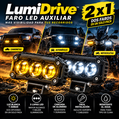 LumiDrive™ — Pack 2 Faros LED Auxiliares | 3 Lupas | Luz Blanca y Ámbar