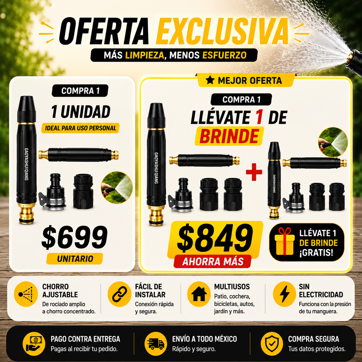 💦 <strong>Boquilla de Alta Presión</strong><br><br>  🚿 Limpieza rápida con chorro ajustable.<br><br>  🏡 Ideal para patio, cochera, auto y pisos.<br><br>  💳 Paga hasta recibir tu pedido.
