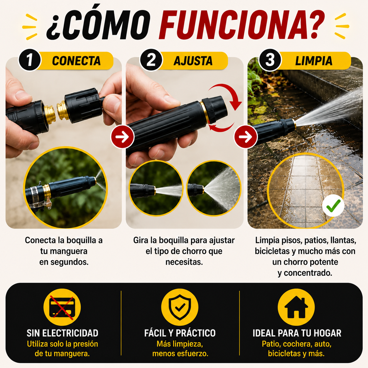 💦 <strong>Boquilla de Alta Presión</strong><br><br>  🚿 Limpieza rápida con chorro ajustable.<br><br>  🏡 Ideal para patio, cochera, auto y pisos.<br><br>  💳 Paga hasta recibir tu pedido.