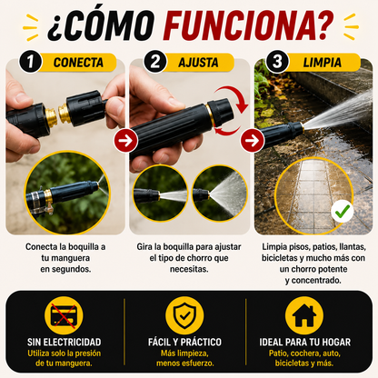 💦 <strong>Boquilla de Alta Presión</strong><br><br>  🚿 Limpieza rápida con chorro ajustable.<br><br>  🏡 Ideal para patio, cochera, auto y pisos.<br><br>  💳 Paga hasta recibir tu pedido.