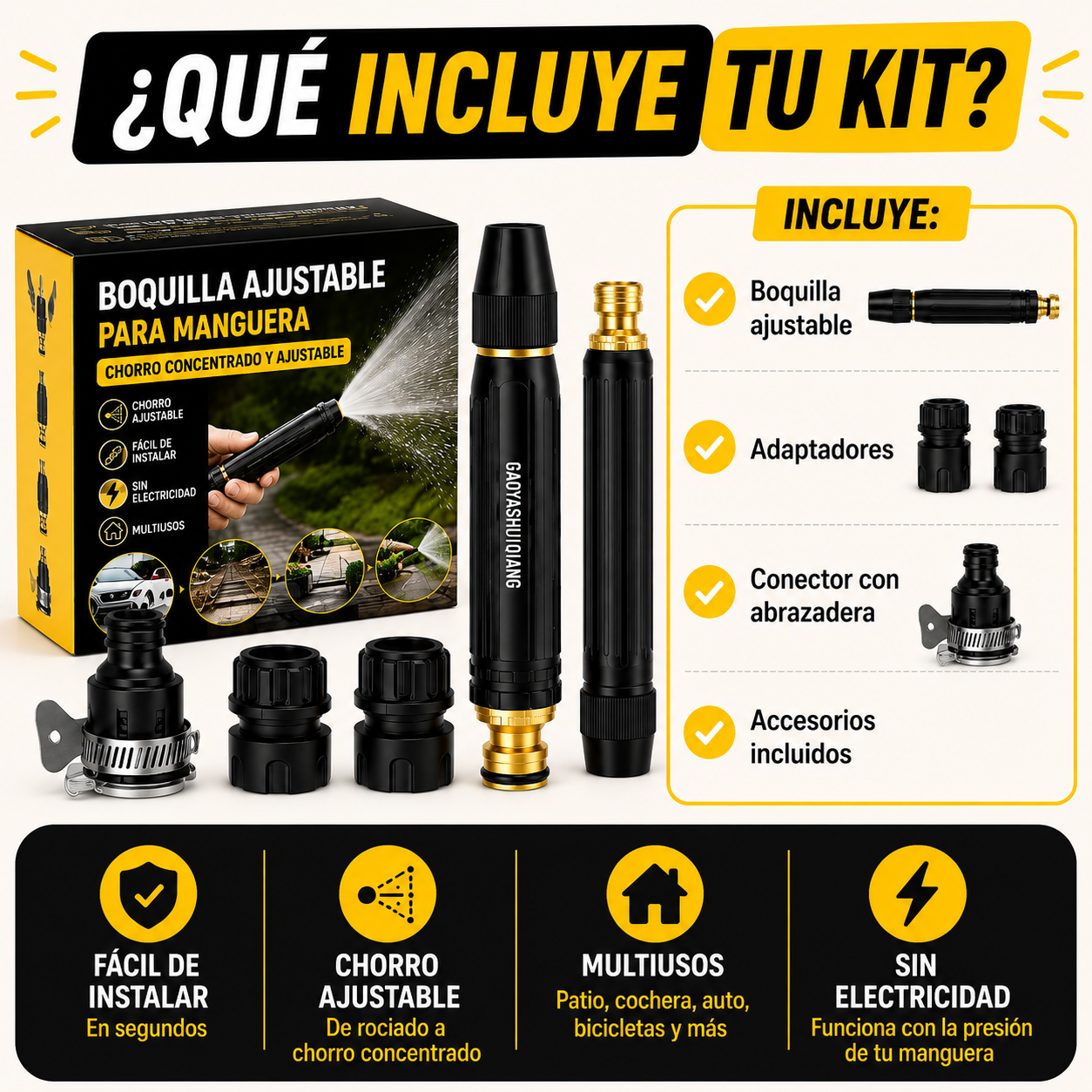 💦 <strong>Boquilla de Alta Presión</strong><br><br>  🚿 Limpieza rápida con chorro ajustable.<br><br>  🏡 Ideal para patio, cochera, auto y pisos.<br><br>  💳 Paga hasta recibir tu pedido.