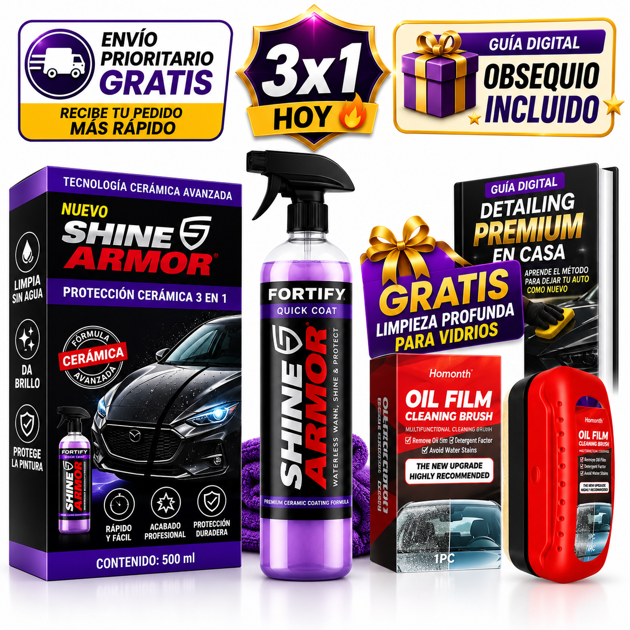 <strong>🔥 OFERTA 3X1 HOY</strong><br><br>🛡️ Protección Cerámica 3 en 1<br><br>🎁 Limpiador de Vidrios GRATIS<br><br>📘 Guía Digital GRATIS<br><br>🚚 Envío Prioritario GRATIS<br><br>💵 Pago contra entrega