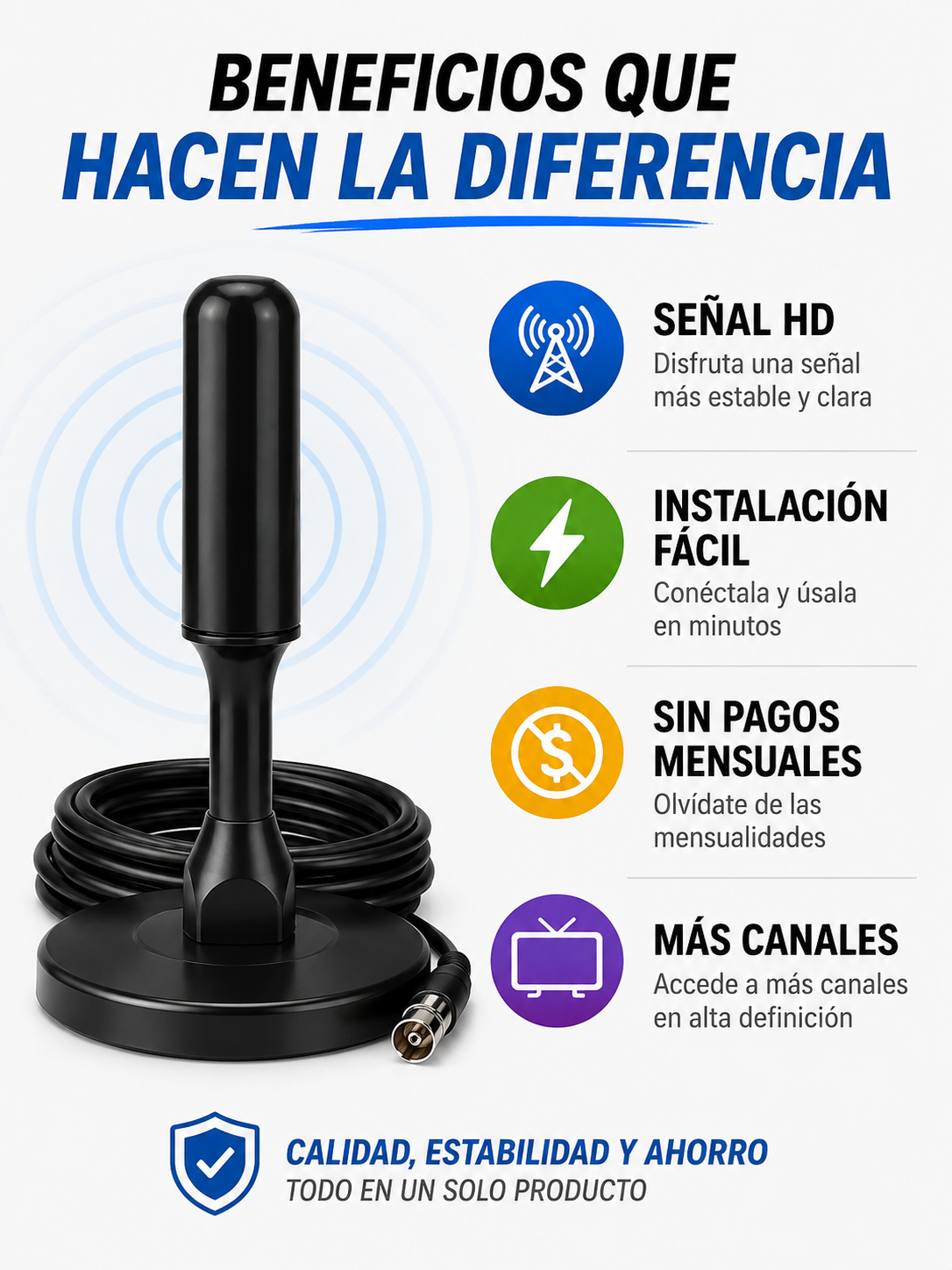 📡 Señal HD en tu TV<br>📺 Disfruta más canales<br>🚫 Sin cable ni mensualidades<br>⚡ Instalación rápida